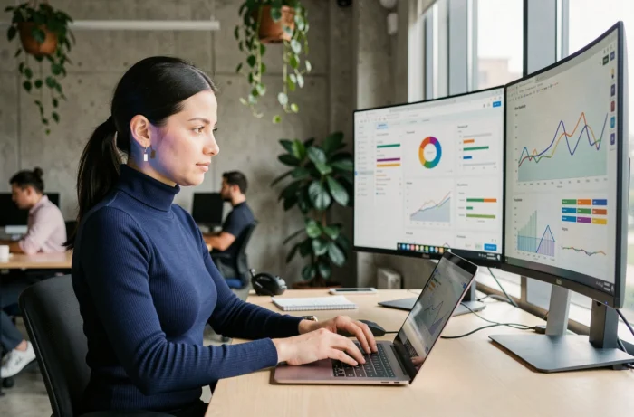 Femme développeuse travaillant sur les dernières tendances web 2024 dans un bureau tech moderne
