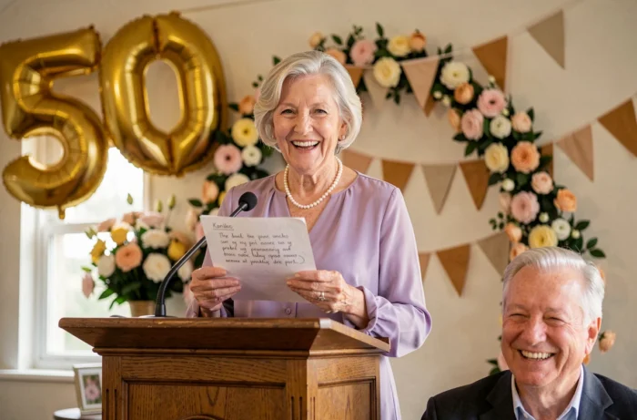 Femme âgée lisant un texte humoristique lors des noces d'or devant des invités souriants