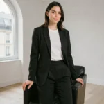 Femme élégante en tailleur noir dans un appartement parisien minimaliste, illustrant la puissance du noir dans la mode féminine