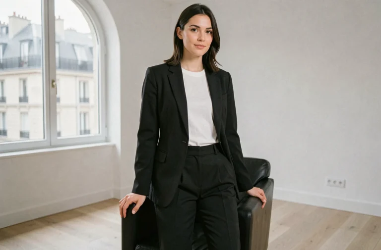 Femme élégante en tailleur noir dans un appartement parisien minimaliste, illustrant la puissance du noir dans la mode féminine
