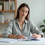 Femme consultant des épreuves d'impression de livre en ligne dans un bureau minimaliste à domicile