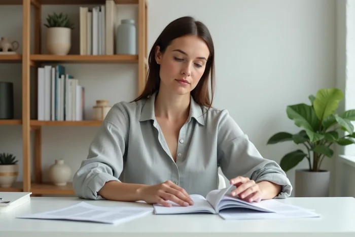 Femme consultant des épreuves d'impression de livre en ligne dans un bureau minimaliste à domicile