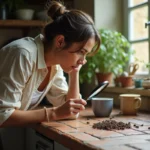 Femme examinant des ophones sur un rebord de fenêtre humide dans une cuisine de maison de campagne