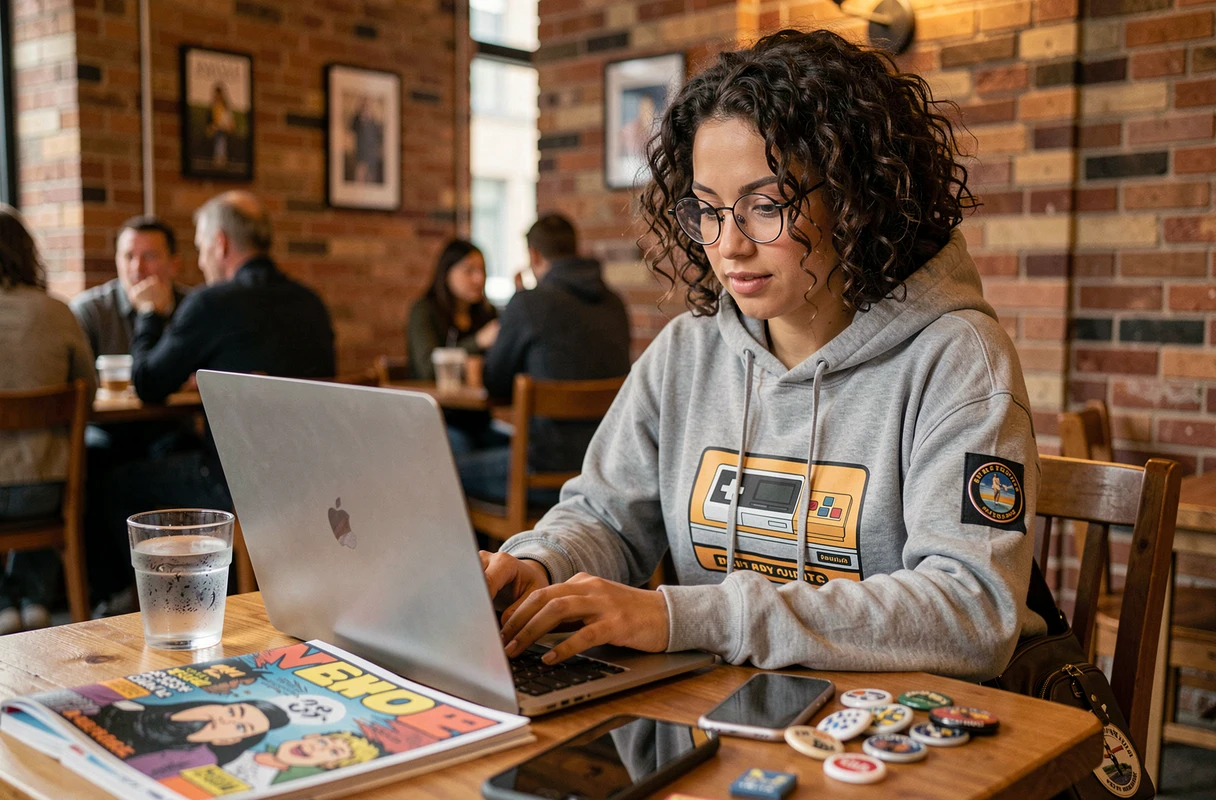 Femme geek passionnée consultant des actualités technologiques et culture pop sur son laptop dans un café urbain avec accessoires geek
