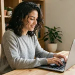 Femme travaillant sur un ordinateur portable dans un bureau à domicile chaleureux, illustrant les conseils informatiques pour tous niveaux