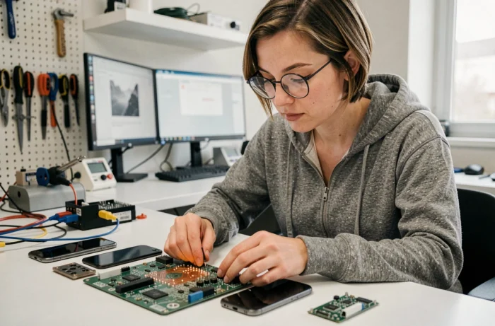 Femme ingénieure geek analysant des composants électroniques et un circuit imprimé dans un laboratoire maker minimaliste avec équipement de soudure professionnel