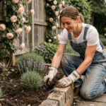 Femme jardinière plantant de la lavande dans un parterre de fleurs avec chemin en pierre et clôture en bois