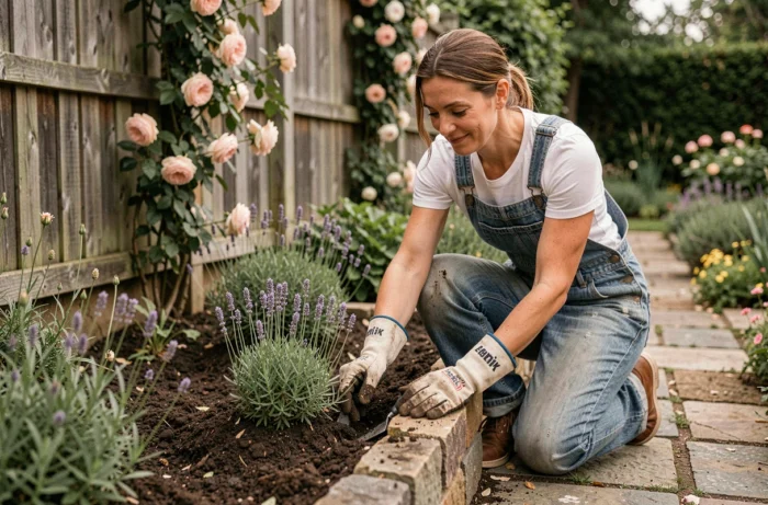 Femme jardinière plantant de la lavande dans un parterre de fleurs avec chemin en pierre et clôture en bois