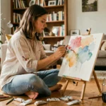 Femme peignant une aquarelle dans un appartement chaleureux, entourée de pinceaux et de tubes de peinture colorés