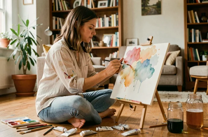 Femme peignant une aquarelle dans un appartement chaleureux, entourée de pinceaux et de tubes de peinture colorés