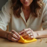 Femme polissant une bague en or avec une chamoisine à bijoux sur une table en bois clair