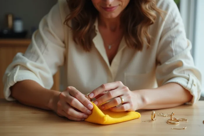 Femme polissant une bague en or avec une chamoisine à bijoux sur une table en bois clair