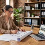 Femme professionnelle analysant des plans immobiliers et des documents de projet dans un bureau moderne organisé