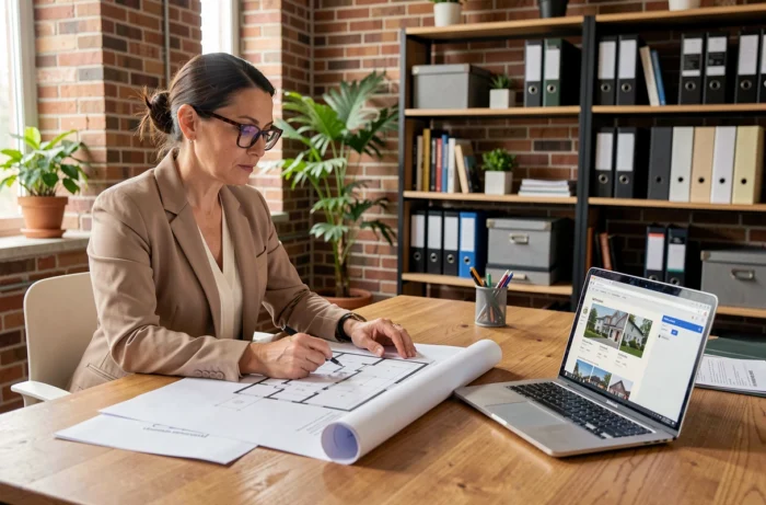 Femme professionnelle analysant des plans immobiliers et des documents de projet dans un bureau moderne organisé