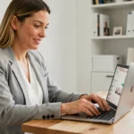 Femme professionnelle utilisant une plateforme de recherche d'emploi en ligne sur son ordinateur portable dans un bureau à domicile moderne