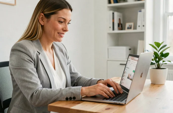 Femme professionnelle utilisant une plateforme de recherche d'emploi en ligne sur son ordinateur portable dans un bureau à domicile moderne