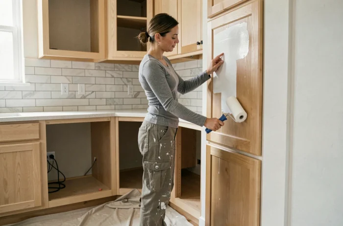 Femme renovant des meubles de cuisine en appliquant de la peinture blanche