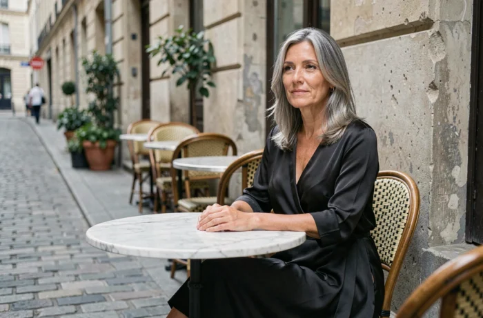 Femme mature aux cheveux argentés en robe noire en soie assise à la terrasse d'un café parisien, symbole d'élégance et d'audace féminine