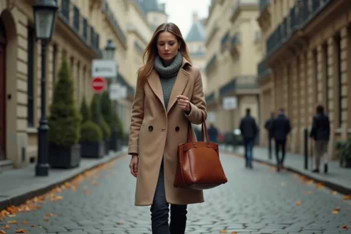 Femme élégante marchant dans une rue parisienne en automne, évoquant la discrétion et l'intimité d'une personnalité publique dans sa vie privée