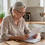 Femme senior sereine planifiant sa retraite à la maison avec des documents et un carnet