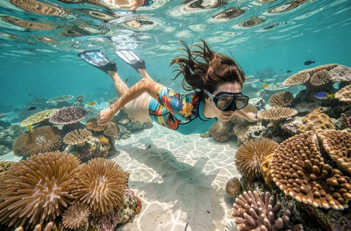 Femme en train de faire du snorkeling au-dessus d'un récif corallien tropical coloré