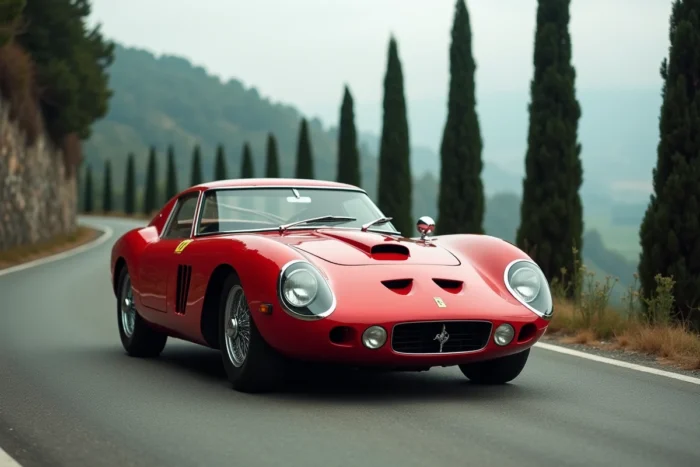 Ferrari 250 GTO rouge de 1962 sur une route de montagne italienne sinueuse bordée de cyprès