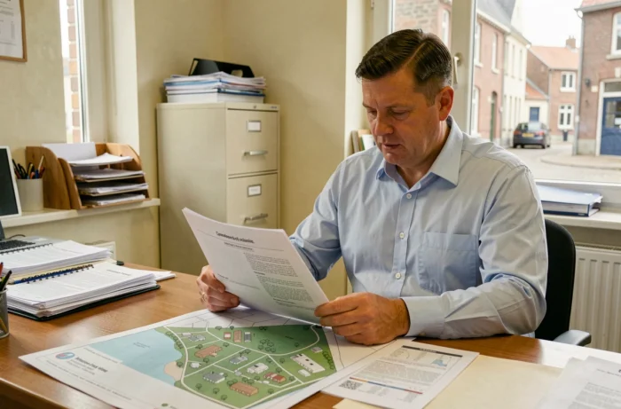 Fonctionnaire municipal belge examinant des documents de réglementation urbanistique liés aux mobil-homes dans un bureau administratif