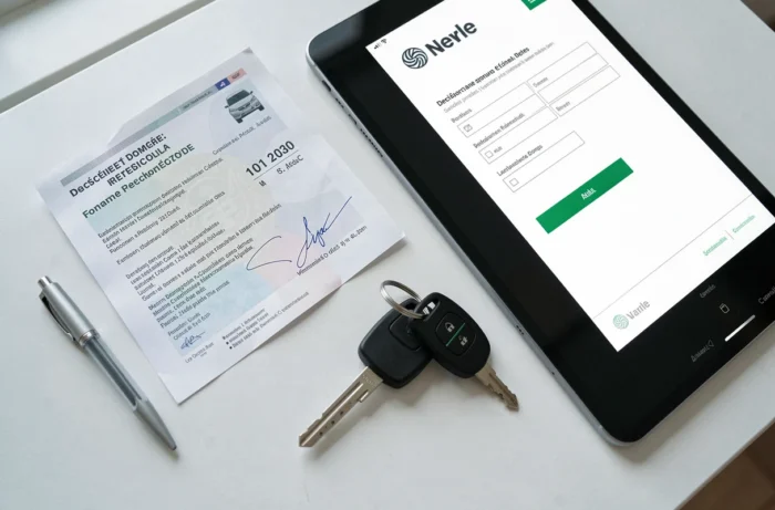 Vue de dessus d'un certificat d'immatriculation, de clés de voiture et d'une tablette affichant un formulaire de cession de véhicule en ligne