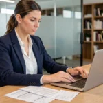 Femme professionnelle gérant ses notes de frais sur un ordinateur portable dans un bureau moderne