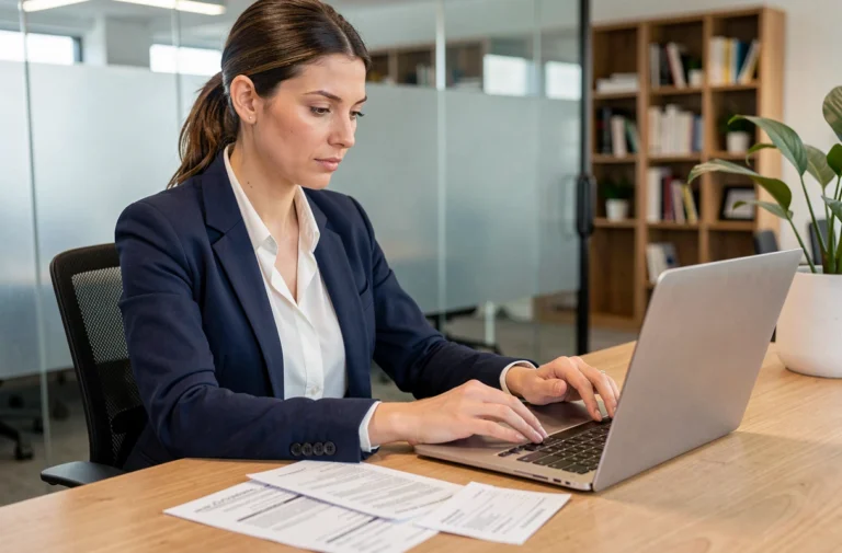 Femme professionnelle gérant ses notes de frais sur un ordinateur portable dans un bureau moderne