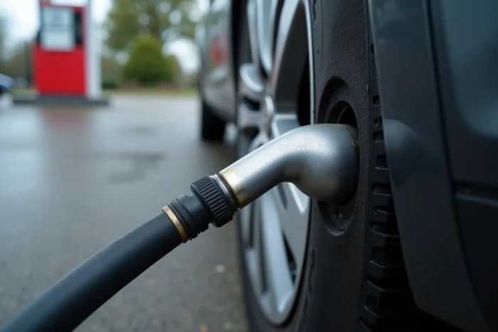 Gros plan sur la valve d'un pneu de Citroën C5 avec un gonfleur à une station-service pour vérifier la pression