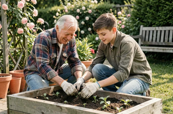 Grand-père et petit-fils jardinent ensemble dans un potager familial, renforçant leur complicité intergénérationnelle