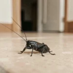 Gros plan d'un grillon noir sur le carrelage d'une maison, insecte nuisible sauteur à identifier et éliminer