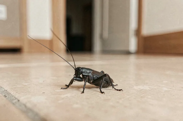 Gros plan d'un grillon noir sur le carrelage d'une maison, insecte nuisible sauteur à identifier et éliminer