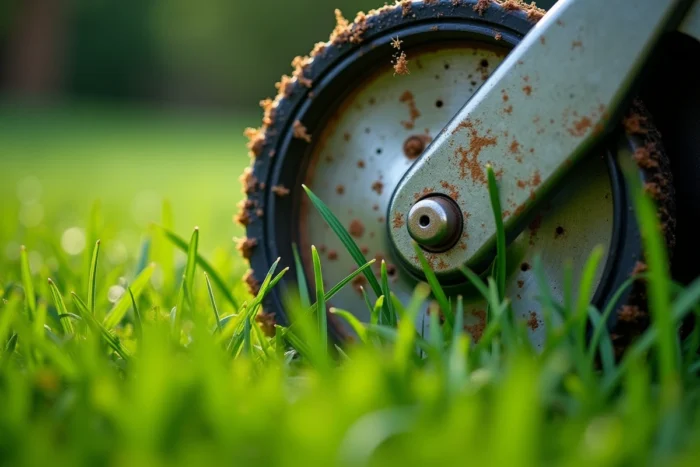 Gros plan d'une lame de tondeuse rotative coupant l'herbe verte avec projection de brins de gazon