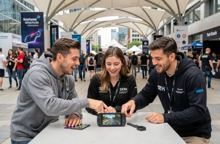 Groupe d'amis passionnés de high-tech discutant des dernières tendances geek autour de gadgets gaming et d'une smartwatch lors d'une convention technologique en plein air