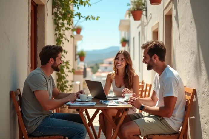 Groupe de jeunes voyageurs planifiant leur itinéraire autour d'un café en terrasse méditerranéenne