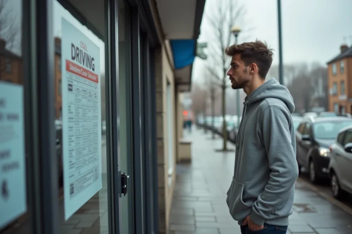 Jeune homme consultant l'affichage des résultats du permis de conduire devant une auto-école