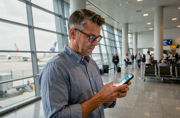 Homme consultant une application de comparaison de voyages sur smartphone dans un aéroport