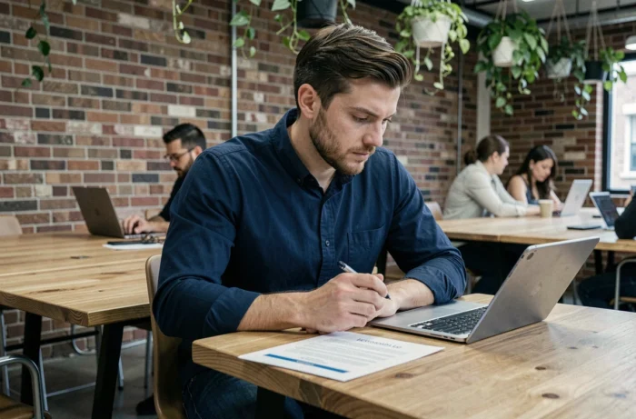 Jeune homme consultant une plateforme innovante de recherche d'emploi sur une tablette dans un espace de coworking urbain