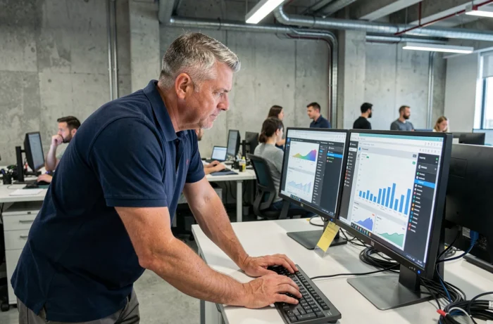 Homme utilisant un double écran d'ordinateur dans un espace de travail moderne, représentant l'univers professionnel de l'informatique