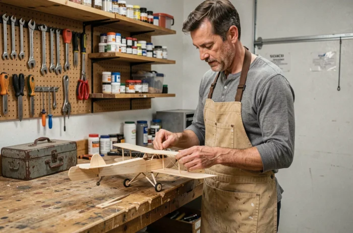Homme assemblant un modèle réduit d'avion en bois dans un atelier de garage, entouré d'outils et de matériaux de modélisme