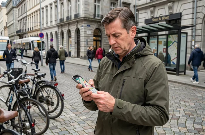 Homme consultant une application de navigation avec carte de trafic sur smartphone dans une rue pavée de Rennes