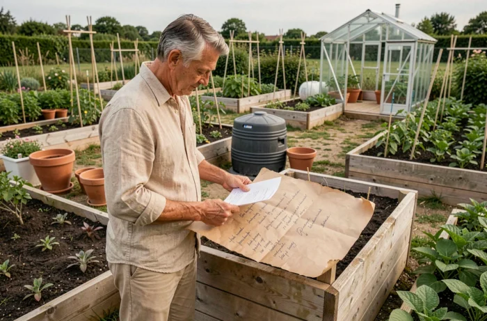 Homme planifiant l'aménagement de son potager avec un plan de jardin en papier kraft devant un carré potager en bois