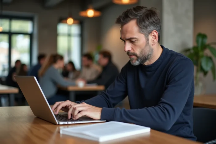 Homme utilisant une plateforme d'impression de livre en ligne dans un espace de coworking moderne