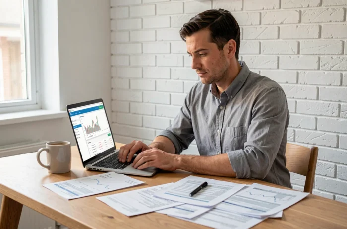 Homme travaillant sur un logiciel de comptabilité gratuit depuis son domicile avec des factures et un ordinateur portable
