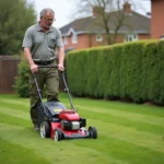 Homme d'âge mûr tondant une pelouse résidentielle avec une tondeuse à essence dans un jardin soigné