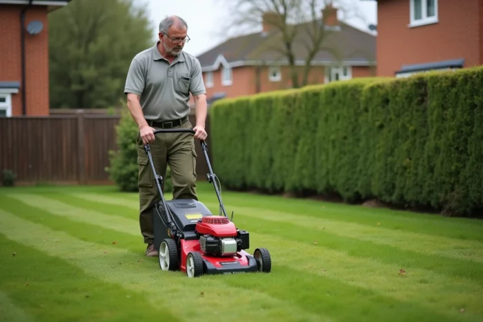 Homme d'âge mûr tondant une pelouse résidentielle avec une tondeuse à essence dans un jardin soigné