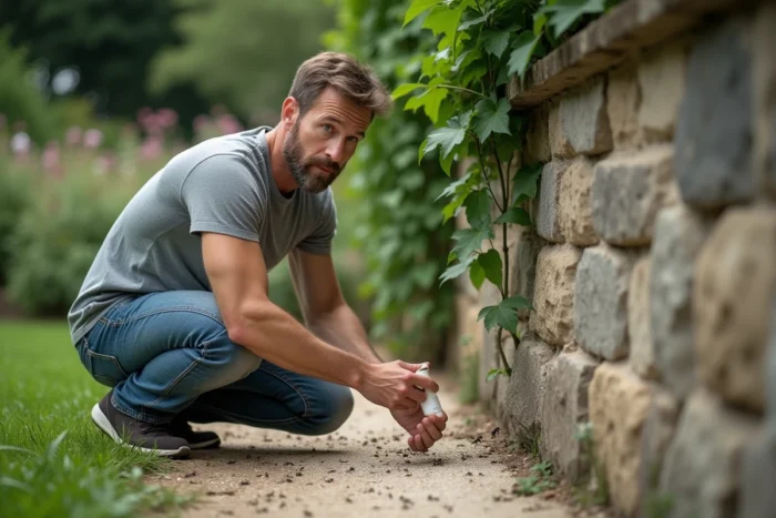 Homme appliquant de la terre de diatomées contre des ophones au pied d'un mur de jardin en pierre
