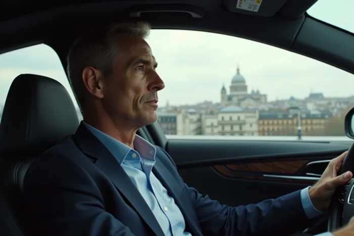 Homme en voiture de luxe admirant le panorama de Paris depuis le périphérique surélevé
